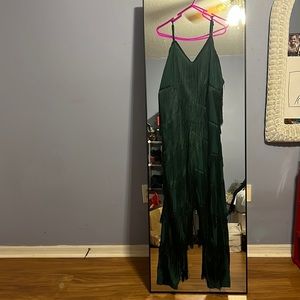 Hunter green fringe jumpsuit spaghetti strap mid back